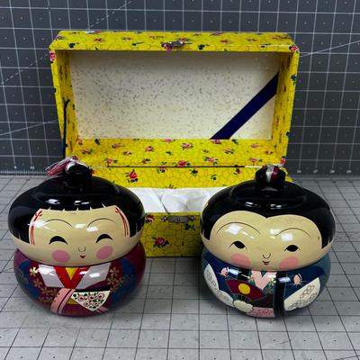 CUTE! Set of Rice Bowls Hand Painted Lacquer
