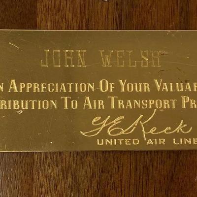 vintage 1960s UNITED AIRLINES UAL 100,000 MILE CLUB PLAQUE R1SC#35