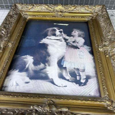 Framed Print in Antique FRAME Child and St. BERNARD 