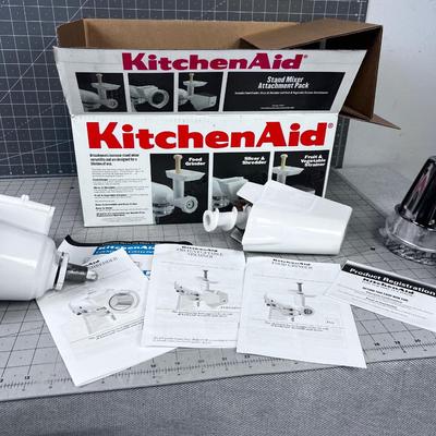Kitchen Aid; 3 Attachments for Stand; Food Grinder, Strainer and a Food Slicer Shredder 