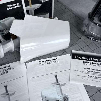 Kitchen Aid; 3 Attachments for Stand; Food Grinder, Strainer and a Food Slicer Shredder 
