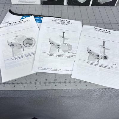 Kitchen Aid; 3 Attachments for Stand; Food Grinder, Strainer and a Food Slicer Shredder 