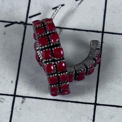 Silver and Red Coral Half Hoop Earrings. 