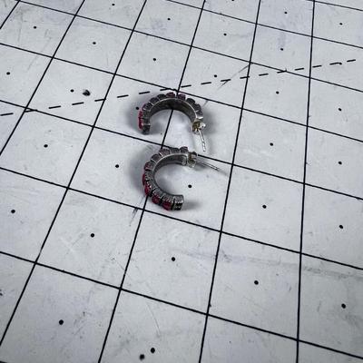 Silver and Red Coral Half Hoop Earrings. 