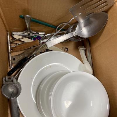 Box of white corelle wear and kitchen accessories