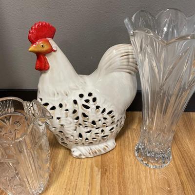 Large Pier 1 Chicken and clear glass pitcher and vase