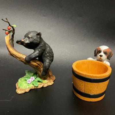 Pair of Porcelain Figurines: Lenox Black Bear & Princeton Galleries Barrel of Fun