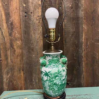 Vintage Chinese Green & White Ceramic Lamp