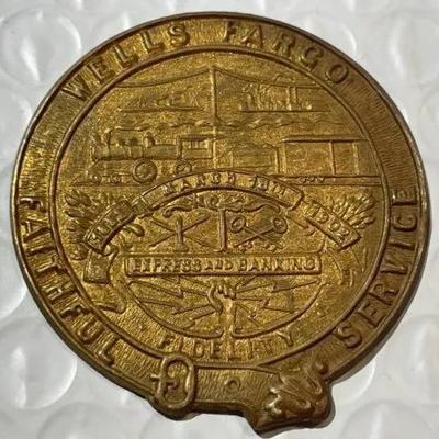 ANTIQUE WELLS FARGO FAITHFUL SERVICE 1852 ~ 1902 TIN BADGE PLAQUE TOKEN SCARCE.