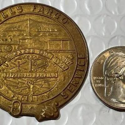 ANTIQUE WELLS FARGO FAITHFUL SERVICE 1852 ~ 1902 TIN BADGE PLAQUE TOKEN SCARCE.
