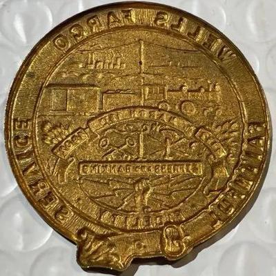 ANTIQUE WELLS FARGO FAITHFUL SERVICE 1852 ~ 1902 TIN BADGE PLAQUE TOKEN SCARCE.
