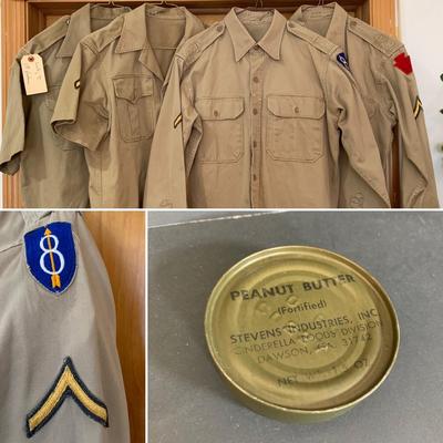 LOT 10 C: Vintage Khaki Army Uniforms & MRE Peanut Butter Can