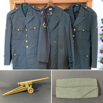 LOT 12 C: Vintage Military Uniforms W/ Cap & Posable Wooden Cannon