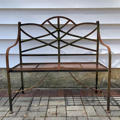 LOT 17 O: Outdoor Wrought Iron Collection: Vintage Garden Bench, Mid Century Modern Side Table, & Filigree Style Italian Fruit Bowl