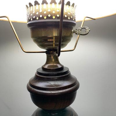 LOT 18 A: Vintage Lamp W/ Milk Glass Swirl Shade, Clear Glass Chimney, Wood, & Brass Base W/ A Hexagon Cupboard End Table