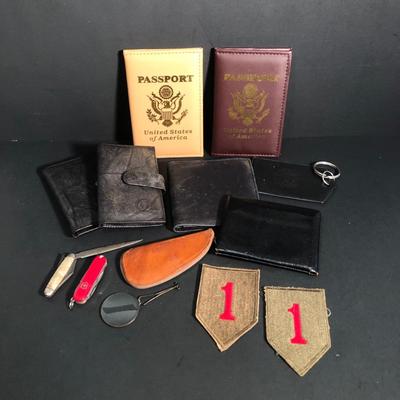 LOT 45B: US Passport Books, Black Wallets, Swiss Army Knife, 1st Infantry US Army Patches & More