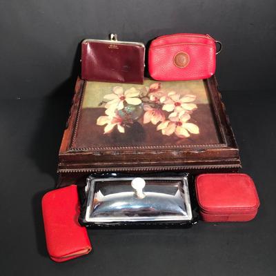 LOT 46B: Vintage Frame Jewelry Box w/ Wallets, Trinket Dish, Pill Case & Grooming Kit