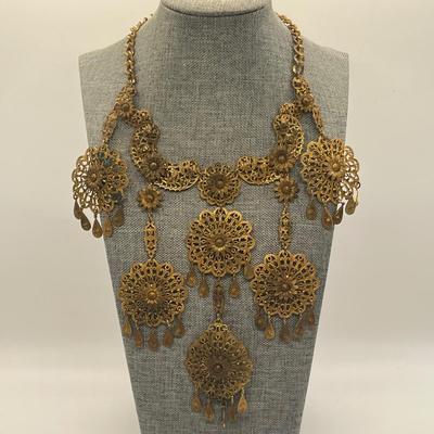 LOT 245J: Antique Victoria Era Filigree Brass Ornate Statement Necklace