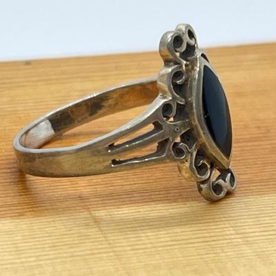 LOT 285J: Size 9 Sterling Rings: Cultered Pearl/Marcasite Floral and Onyx Scroll Design