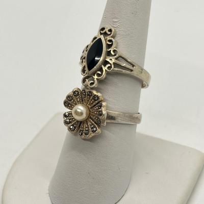 LOT 285J: Size 9 Sterling Rings: Cultered Pearl/Marcasite Floral and Onyx Scroll Design