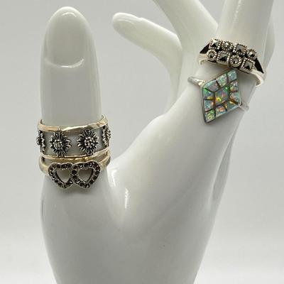 LOT 286J: Size 8 Sterling Rings: Opal, Marcasite and More