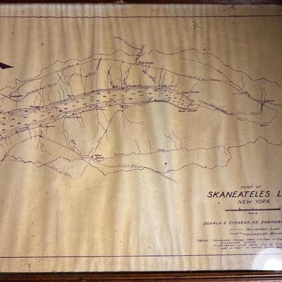 N498 Framed Blueprint of Skaneatelas Lake New York Topography 1955
