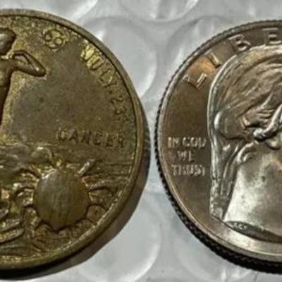 VINTAGE CANCER ZODIAC SIGN GOOD LUCK MEDAL/TOKEN as Pictured.