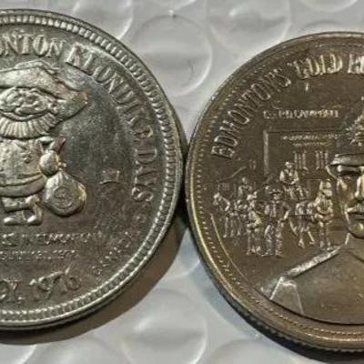 2-VINTAGE SOUVENIRS OF EDMONTON KLONDIKE DAYS $1 GOOD FOR MEDAL/TOKENS as Pictured.