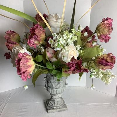 505 Faux Floral Arrangement In Faux Stone Urn with Robin Bird Print