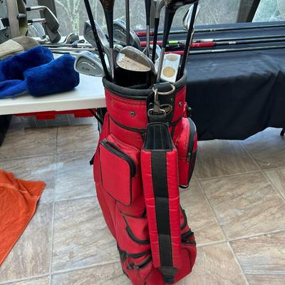 Golf clubs by pinging, two lots of golf bags with golf clubs