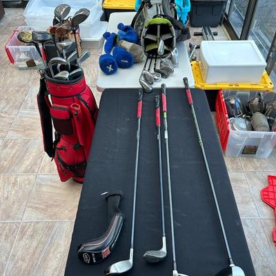 Golf clubs by pinging, two lots of golf bags with golf clubs