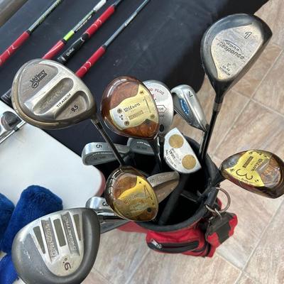 Golf clubs by pinging, two lots of golf bags with golf clubs