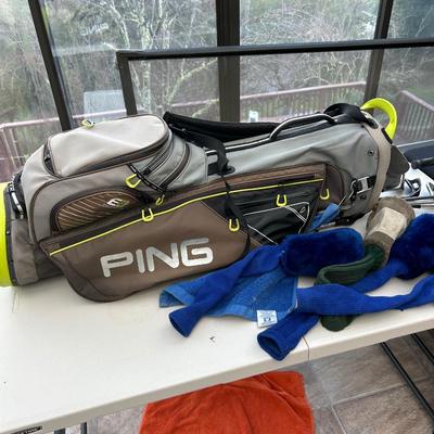 Golf clubs by pinging, two lots of golf bags with golf clubs