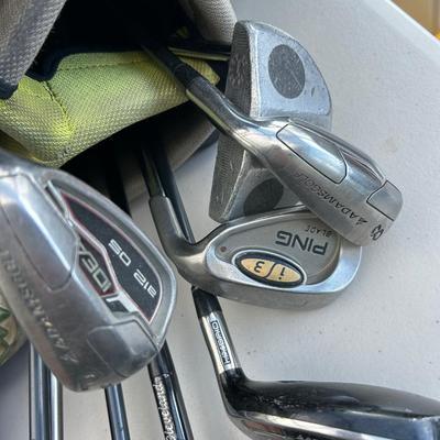 Golf clubs by pinging, two lots of golf bags with golf clubs