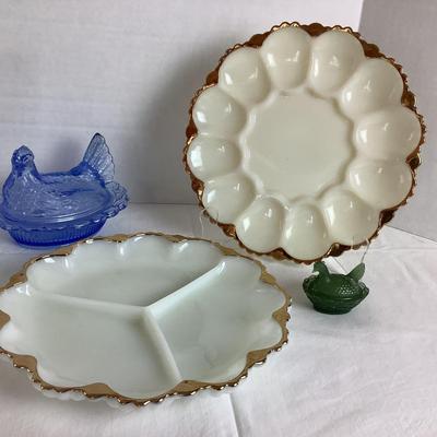 H563 Country Kitchen Blue Glass Chicken and Green Bunny with Milk Glass Plates