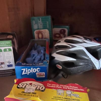 Miscellaneous garage, shelving lot, everything you see on the shelves, lamps, binoculars, tools, sleeping bag, and much more