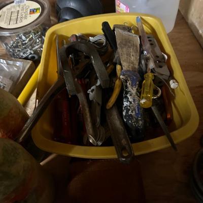 Miscellaneous garage, shelving lot, everything you see on the shelves, lamps, binoculars, tools, sleeping bag, and much more