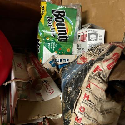 Miscellaneous garage, shelving lot, everything you see on the shelves, lamps, binoculars, tools, sleeping bag, and much more