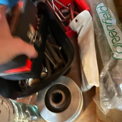 Miscellaneous garage, shelving lot, everything you see on the shelves, lamps, binoculars, tools, sleeping bag, and much more