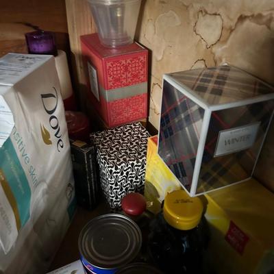 Miscellaneous garage, shelving lot, everything you see on the shelves, lamps, binoculars, tools, sleeping bag, and much more