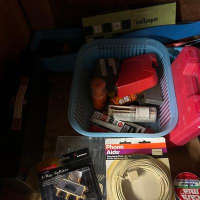 Miscellaneous garage, shelving lot, everything you see on the shelves, lamps, binoculars, tools, sleeping bag, and much more