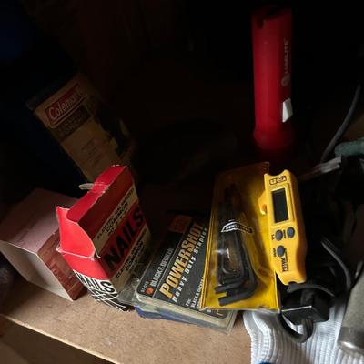 Miscellaneous garage, shelving lot, everything you see on the shelves, lamps, binoculars, tools, sleeping bag, and much more