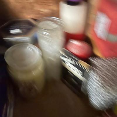 Miscellaneous garage, shelving lot, everything you see on the shelves, lamps, binoculars, tools, sleeping bag, and much more