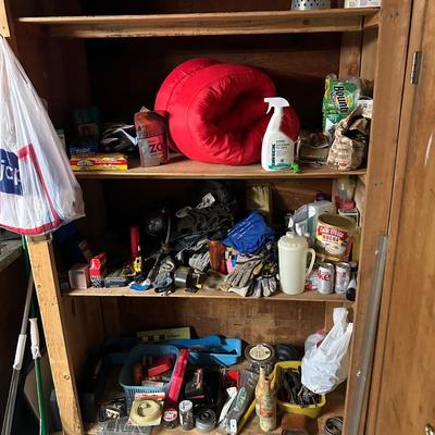 Miscellaneous garage, shelving lot, everything you see on the shelves, lamps, binoculars, tools, sleeping bag, and much more