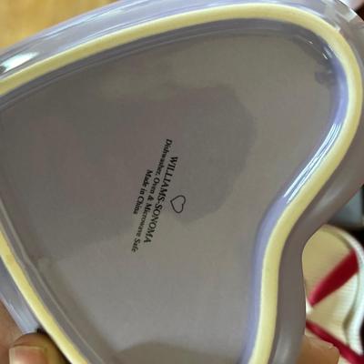 Mikasa glass, heart bowl, William and Sonoma porcelain heart plates