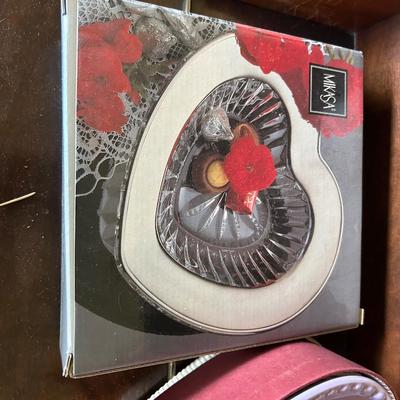 Mikasa glass, heart bowl, William and Sonoma porcelain heart plates