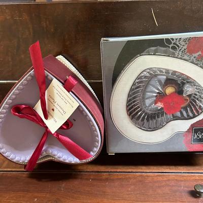 Mikasa glass, heart bowl, William and Sonoma porcelain heart plates