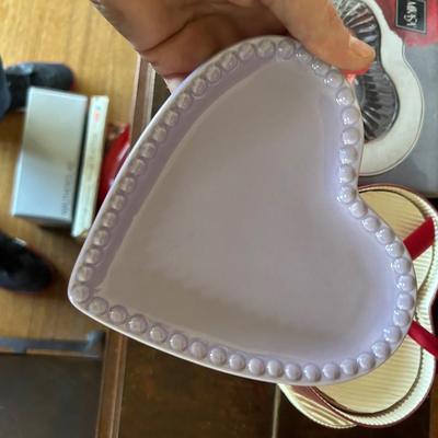 Mikasa glass, heart bowl, William and Sonoma porcelain heart plates