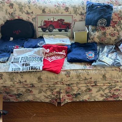 Estate group, lot of firemen shirts, and miscellaneous firefighter Memorabilia.
