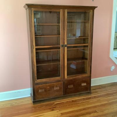 H537 Vintage Oak Glass Door Book Case Early 20th Century